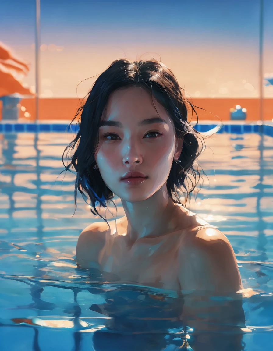 arafed image of a woman in a pool with a blue background, inspired by Yanjun Cheng, guweiz, artwork in the style of guweiz, yanjun chengt, by Yang J, inspired by Fenghua Zhong, inspired by WLOP, by Yanjun Cheng, ilya kuvshinov. 4 k, wlop glossy skin