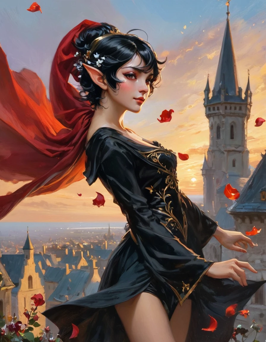 1 magician girl, expressive black eyes, elf ear, black short hair, dressed with a red drape, using his magic ,dancing pose ,black flowers petals fall from the sky in big medieval city in sunset in background, detail richness, masterpiece, best quality, bust plan