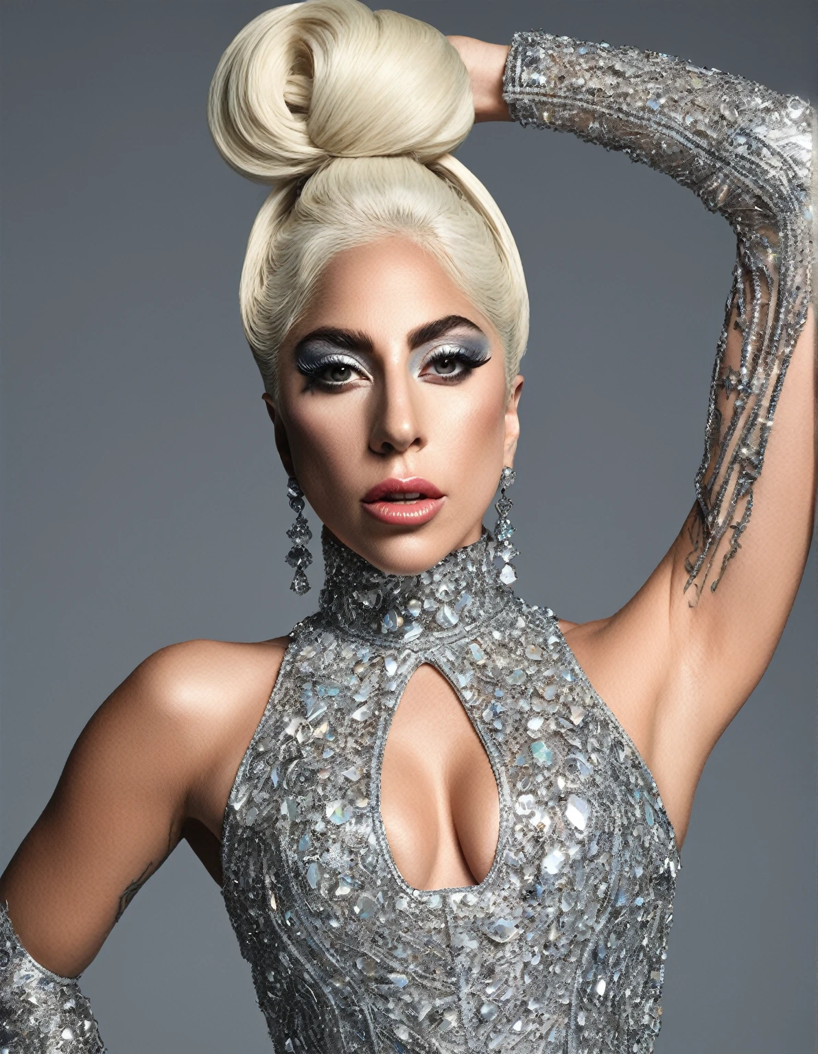 lady gaga com um vestido brilhante e cabelo ruivo, Jéssica Coelho,  e lois van baarle, como visto no , deusa ruiva, tendências , katarina, extremamente detalhado, estilo , ,como um super vilão  realisitic, realisitic, award-winning illustration, (Highly detailed face and skin texture), (fully body), (Complicated Detail: 1.2), (finely detail), (Complicated Detail), (Cinematic Lights, luz de fundo de best qualityer), Sharp lines, sharp focus, offcial art, unity 8k wallpaper , absurdrez, unbelievably absurd, huge filesize, mostrando o fully body- , Fantasyart, RTX,((Closing-up photo by award-winning studio)), , (Shut your mouth), , perfect hands, comelys olhos detalhados, face perfect