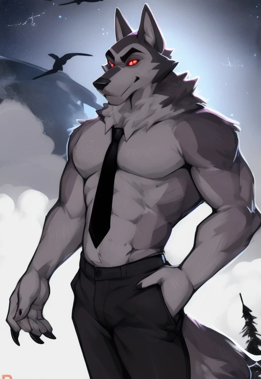 (by zackary911, anime) anthropomorphic, solo, human anatomy, muscular, lean, slim, fit body, detailed leg muscles, thigh muscles, naked, nude, abs, biceps, adult, tall, mature, anthro, lean, anime, pecs, (vortex, star vortex, cerberus, wolf, vortex (helluva boss), helluva boss), (shirtless, tie, butler, black pants, suit pants)