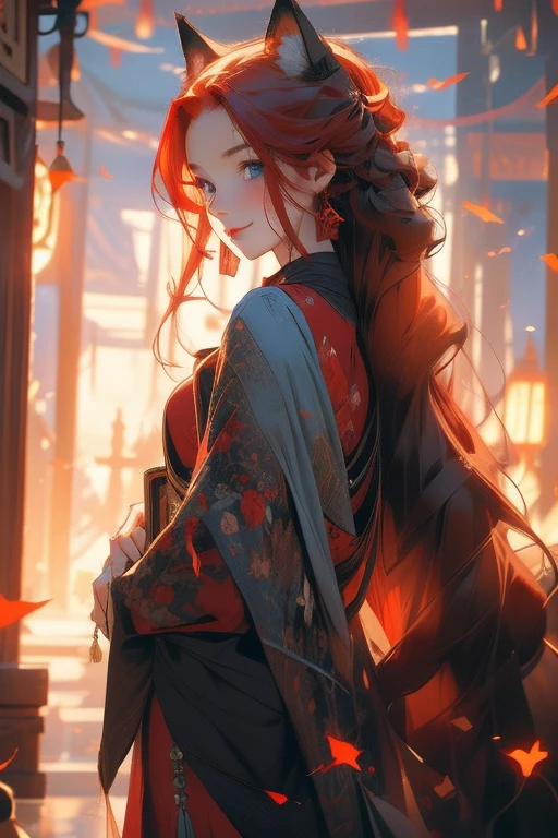 Perfect face. Perfect hands. A red haired woman with one blue eye and one red eye with an hourglass figure and red fox ears and seven fluffy fox tails is exploring a shrine while smiling