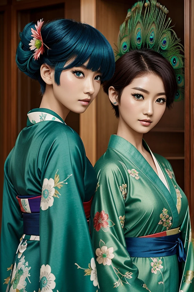 anime woman high complexion with pale skin one eye blue and the other green dressed in a kimono dress with peacock flower design,with red wolf cut style hair