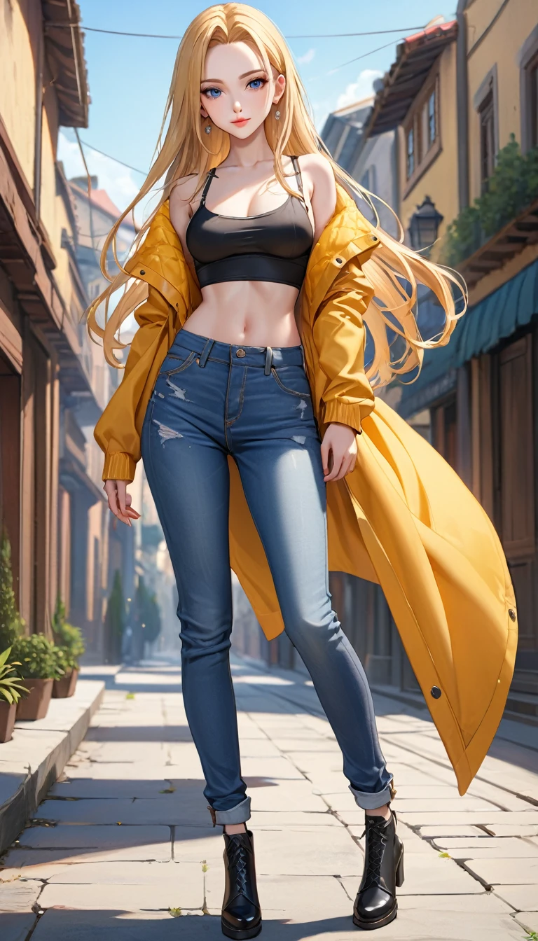 ((best quality, masterpiece:1.3, 8K)), (detailed), highly detailed face and skin texture, detailed eyes, full body, outdoor, (slender body:1.1), 1girl, (solo), (18+ years old), white skin, bright lips, seductive smile, long hair, blonde hair, forehead, edgy outfit, medium breast, (jeans pants), 