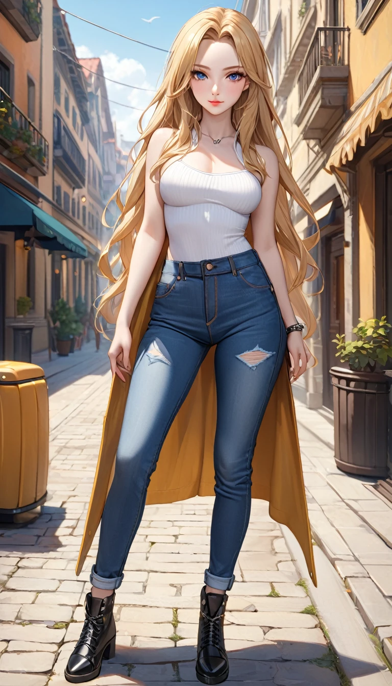 ((best quality, masterpiece:1.3, 8K)), (detailed), highly detailed face and skin texture, detailed eyes, full body, outdoor, (slender body:1.1), 1girl, (solo), (18+ years old), white skin, bright lips, seductive smile, long hair, blonde hair, forehead, edgy outfit, medium breast, (jeans pants),