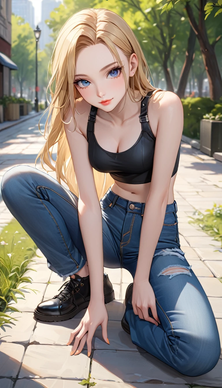 ((best quality, masterpiece:1.3, 8K)), (detailed), highly detailed face and skin texture, detailed eyes, full body, outdoor, (slender body:1.1), 1girl, (solo), (18+ years old), white skin, bright lips, seductive smile, long hair, blonde hair, forehead, edgy outfit, medium breast, (jeans pants),