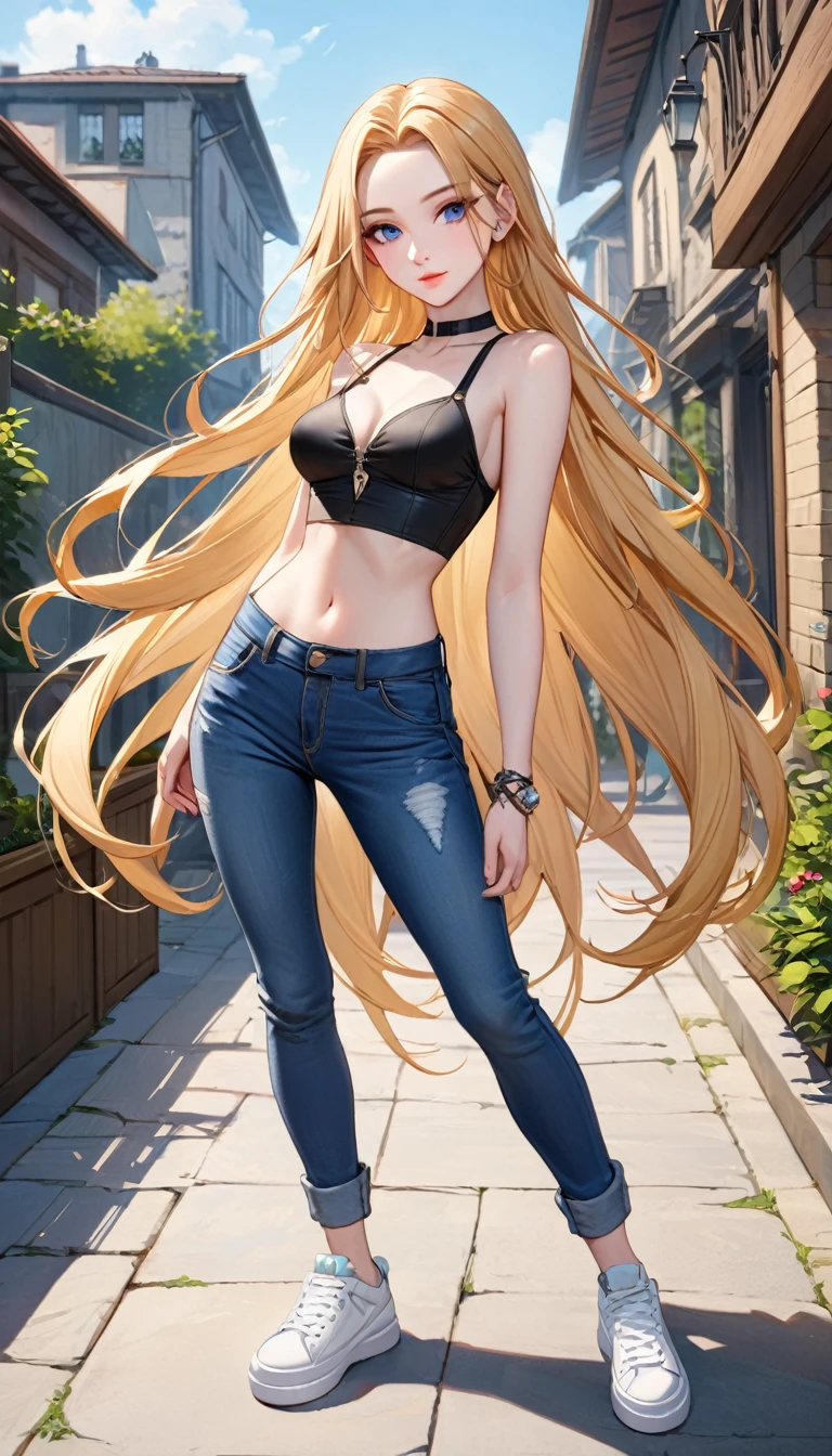 ((best quality, masterpiece:1.3, 8K)), (detailed), highly detailed face and skin texture, detailed eyes, full body, outdoor, (slender body:1.1), 1girl, (solo), (18+ years old), white skin, bright lips, seductive smile, long hair, blonde hair, forehead, edgy outfit, medium breast, (jeans pants), 