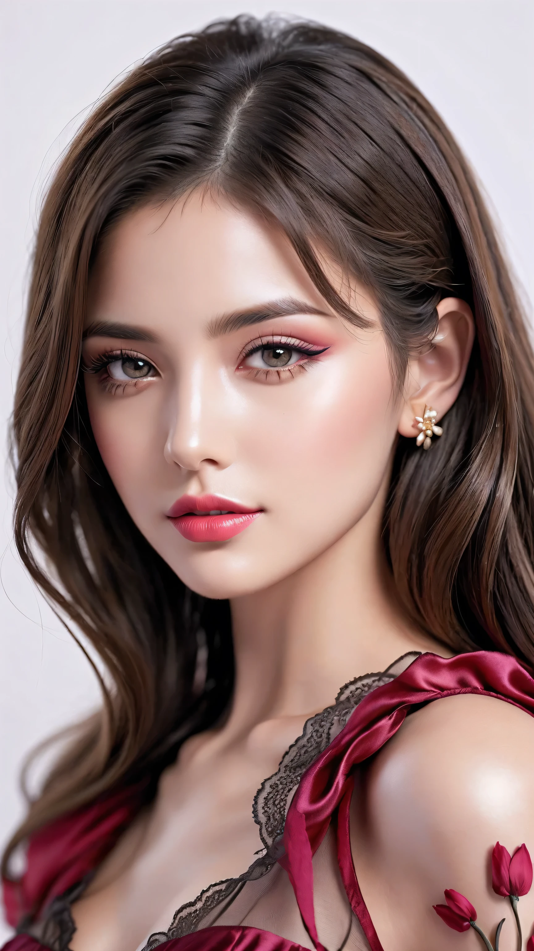 photorealism 16K realism, (Hyper-realistic proportional body, anatomically correct:1.3), ((ultra-fine digital art)), ((intricately detailed beautiful face)), (light pale complexion), BREAK, (small round head)),(high detailed realistic Super beautiful slim and sharp-face), (best highest detailed realistic brown_eyes:1.28), ((super realistic sharp-eyes:1.2)), (tired and sleepy and satisfied:0.0), (close up of a woman's eyes), perfect round eyes, finely detailed pupils,BREAK,detailed lips:1.3,pink_makeup:1.22, (long_blue_eyeliner:1.28), (red_lipstick:1.35),((perfect dark_eyeshadows:1.4)), (super detailed professional makeup on eyes:1.3), (Detailed nose:1.2), (Depth of field), (cinematic light), (Lens flare), (dslr), (best high quality soft lighting), (sharp focus captured by Fujifilm XT3, f 5.6, in a dramatic lighting), (dry skin), (best high quality real texture skin), (A woman with velvety skin:1.3), (best high quality real texture hair), (blonde hair(wavy combed up, behind the ear:1.22)), (firm big full breasts), slim muscled body), (she is the embodiment of beauty and allure), ((Dressed in a breath taking, silk Dolce & Gabbana Floral dress)), (elegant fashion intricately detailed:1.28), (floral couture), (clothes made of silk and flower:1.3), (3/5 long), (closeup to her face)