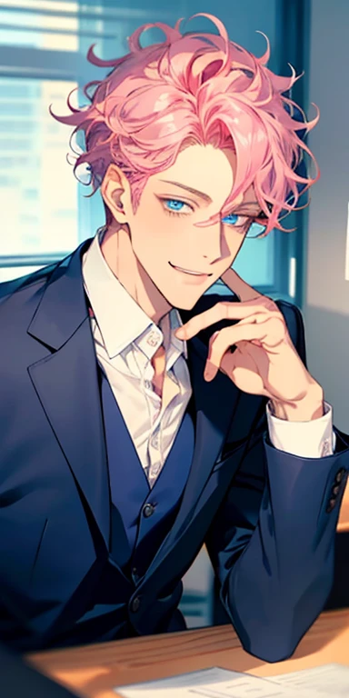 handsome 31 years old boy with pink curly hair and small lips long nose. 1 man mature, male mature. Expression smile in love. Blue eyes, CEO, Office home.