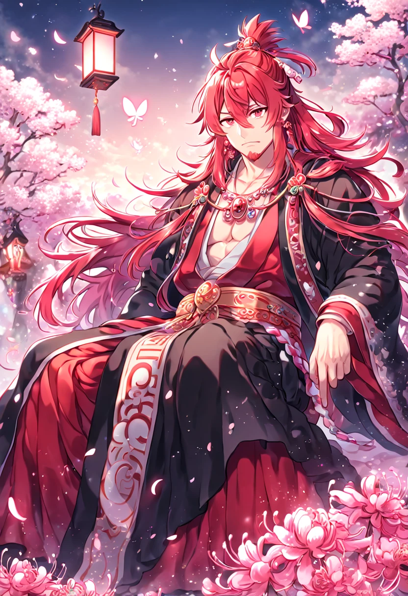 absurd resolution, high resolution, ultra detailed, detailed eyes, extremely detailed, HDR, 8K, Ren Kouen, red hair, hair tied into a topknot, hair between the eyes, medium length hair, red goatee, expressive red eyes, Magi The Labyrinth of Magic, solo, sexy man sitting, handsome, manly man, adult, mature face, traditional clothes that are mainly red, white and black in colour along with a black flowing cape, fantasy, cool, magical, pink glittering butterflies, pink dust flying around, pink spider lilies, pink petals, pink lanterns, Japanese ambiance, cherry blossoms