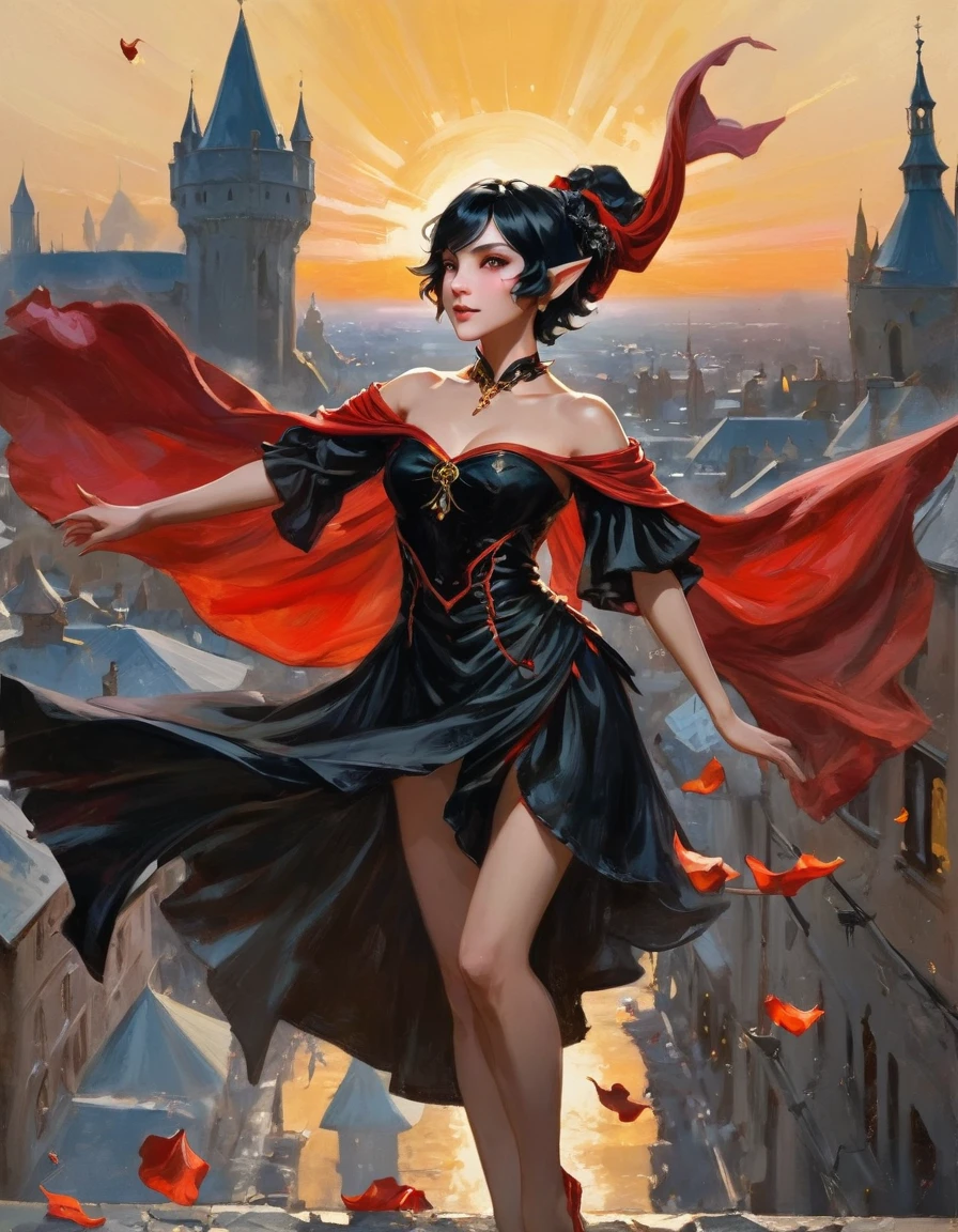 1 magician girl, expressive black eyes, elf ear, black short hair, dressed with a red drape, using his magic ,dancing pose ,black petals fall from the sky in big medieval city in sunset in background, detail richness, masterpiece, best quality, bust plan