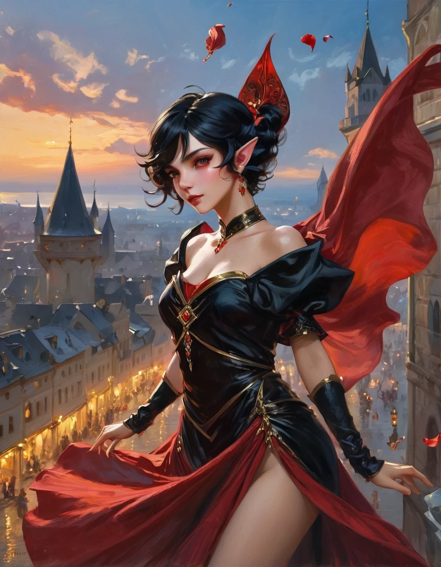 1 magician girl, expressive black eyes, elf ear, black short hair, dressed with a red drape, using his magic ,dancing pose ,black petals fall from the sky in big medieval city in sunset in background, detail richness, masterpiece, best quality, bust plan