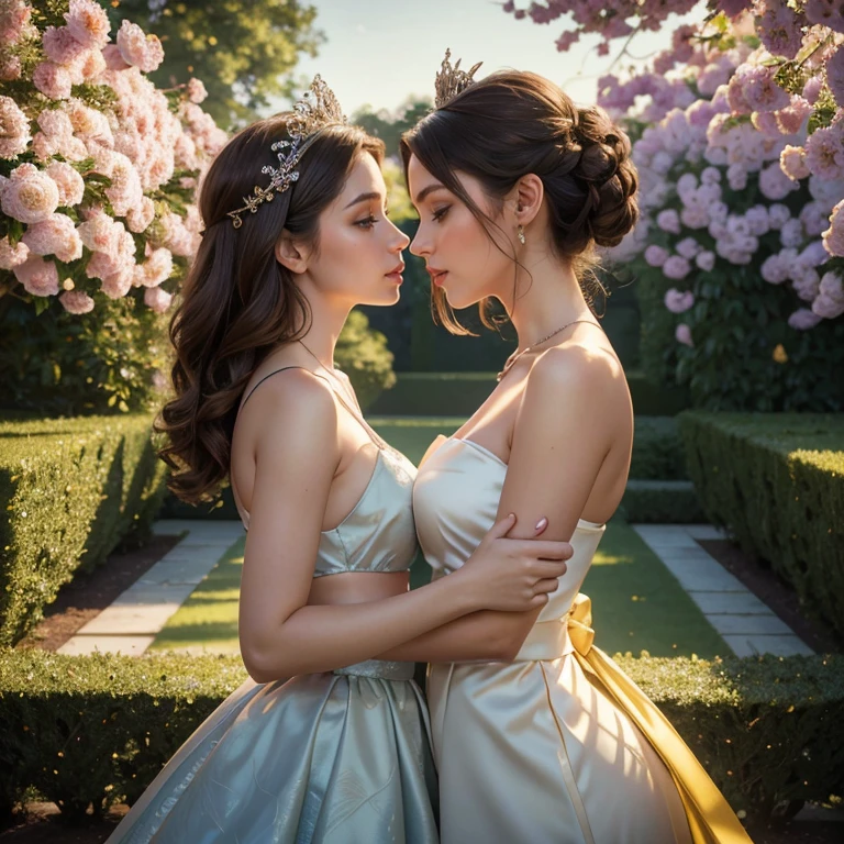 (masterpiece, best quality:1.5), highest quality, High resolution, super detailed, Realists, Upper body photo of brunette woman, detailed and beautiful eyes, beautiful detailed lips, very detailed eyes and face, longeyelashes, In a strap top and skirt made of shiny satin fabric, Beautiful and colorful makeup, elegant and noble々Pose,shiny crown and jewels, Gardens as background, soft daylight, bright colors, fine brushstrokes, Portrait style, Simple details in the dress fabric, beautiful color palette, glowing skin, First-class rendering, that captures every detail, enchanting atmosphere, subtle shadows and lights, (perfect anatomy:1.2), (The two stunning women are deeply in love:1.4), (kiss:1.2), (magnificent panorama view:1.2)