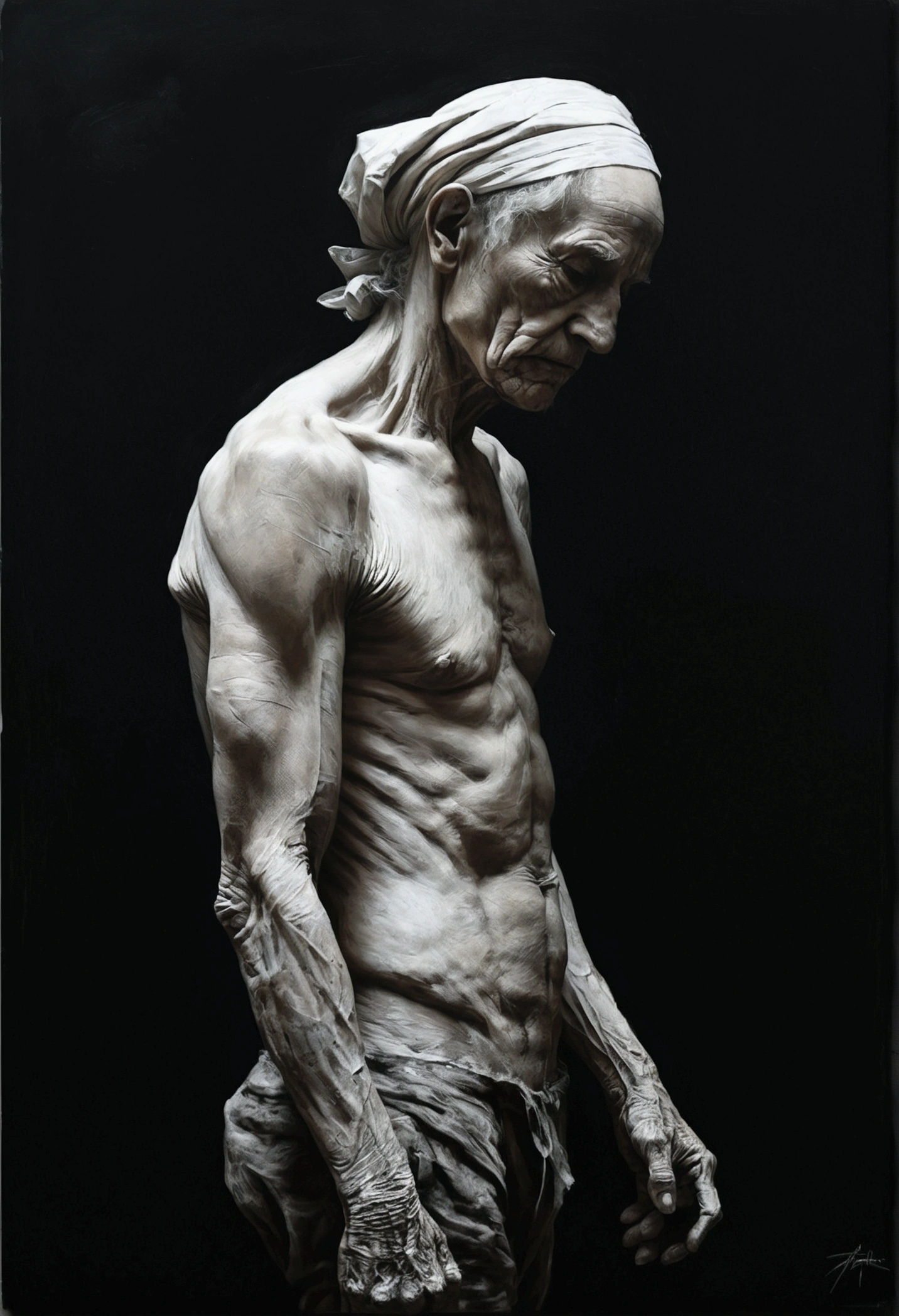 Full view of a painting by (Nicola Samori:1) full body side view, dramatic high contrast, no light and close up, sketch shading in white on a dark black background, whole old wrinkled body, realism, eyes down
