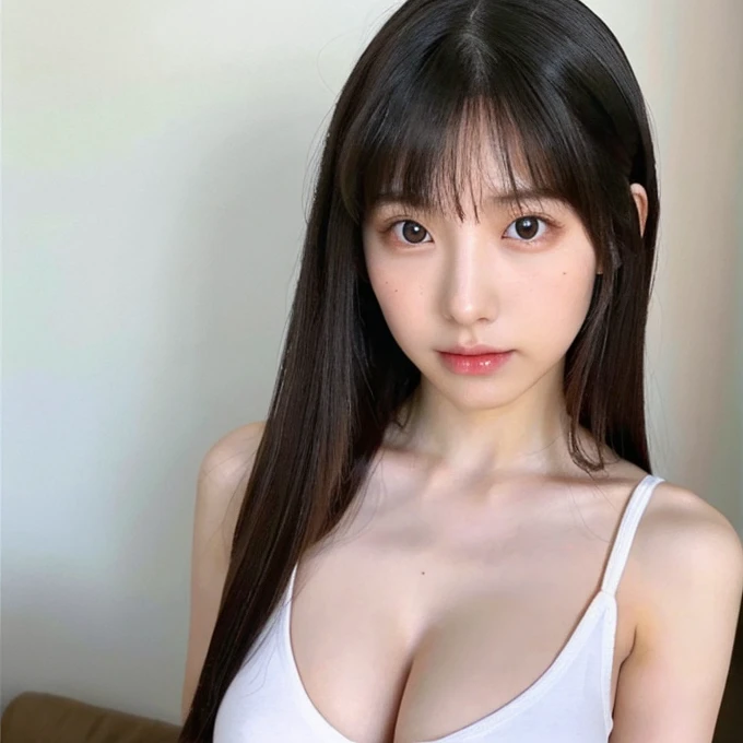 A girl with the perfect body, big boobies, extremely white and perfect skin, long straight black hair and bangs, thin black eyes, she has a mole under her left eye