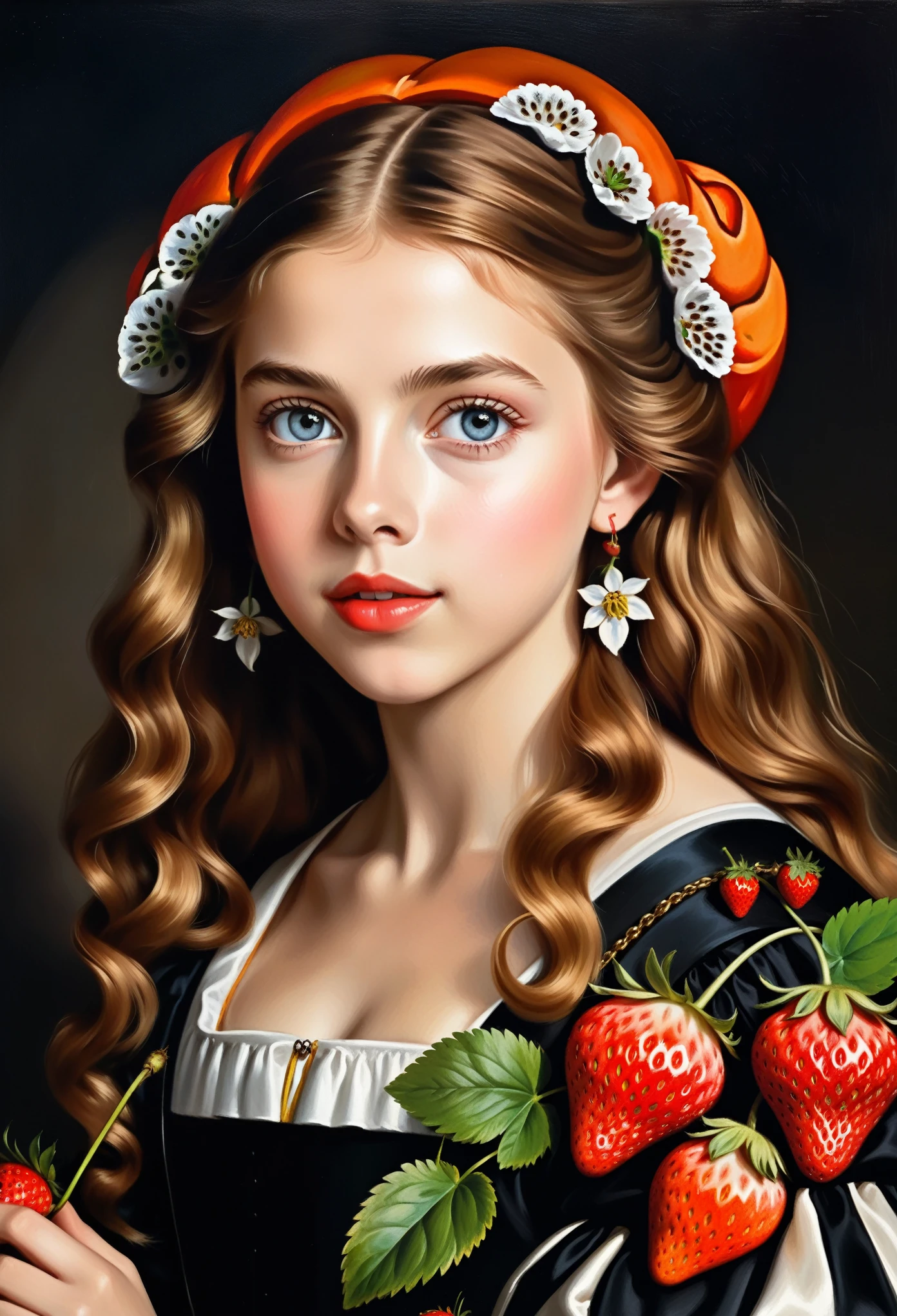 young Hermione Corfield with strawberry, correct details, 17th century, ((nicolaes maes detailing)), ((best quality)), ((masterpiece)), ((realistic)), (extreme detailing), ((nicolaes maes style))
