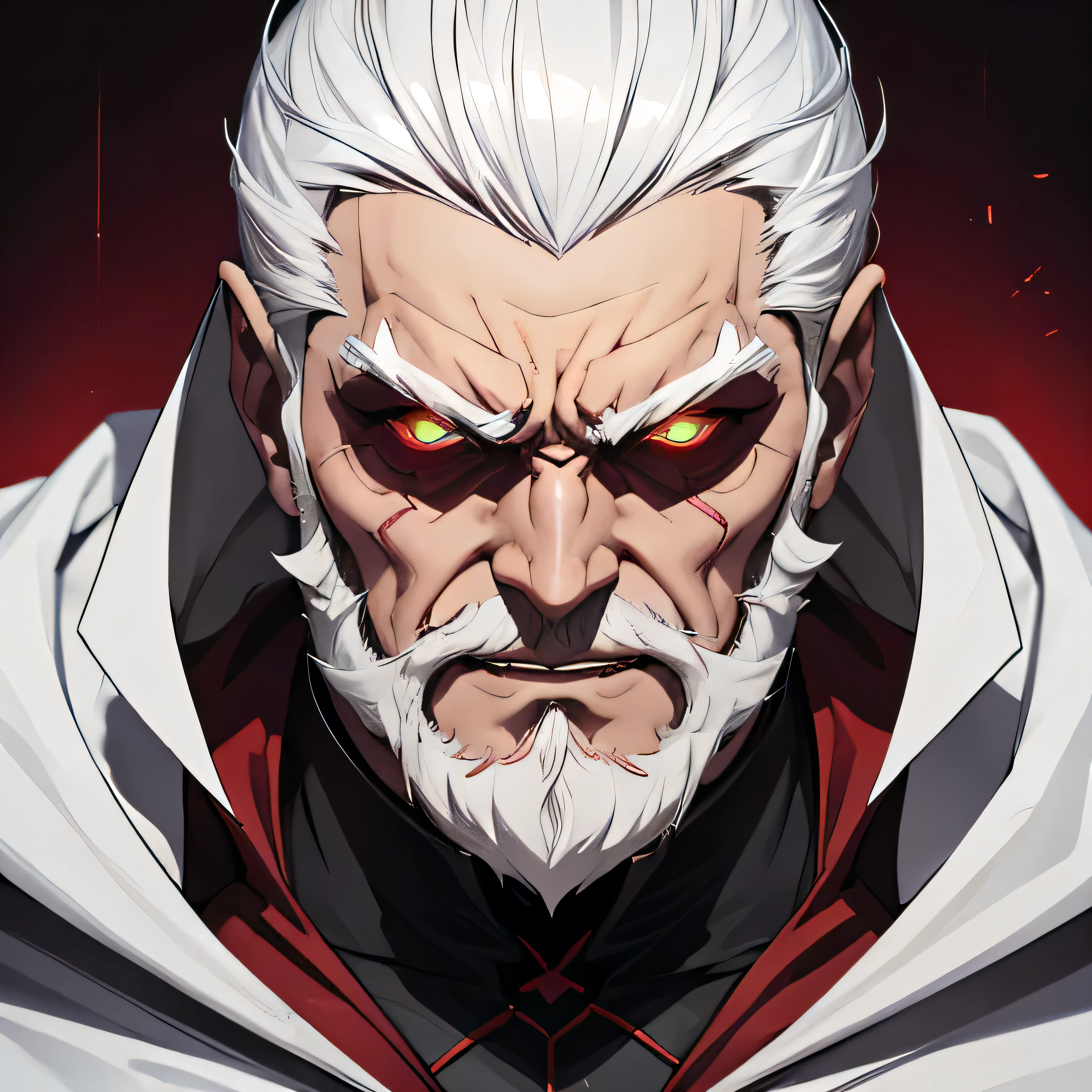Sturdy body man wearing black light armor, short and unruly albino hair, with a small white beard that runs along the jaw. Calm look with red eyes and a scar on his left cheek that crosses his left eye.