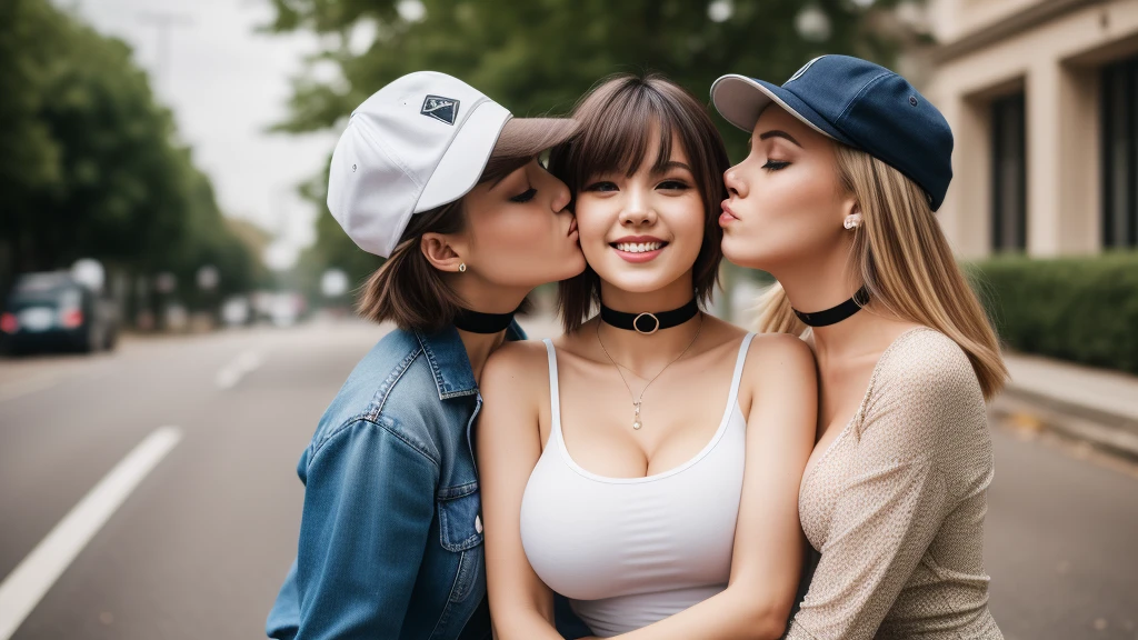 tmasterpiece,best qualtiy,hdr, hyper HD, 8K,Bokeh,Ultra-fine painting,Sharp focus,Physically-based rendering,Extreme detail description, (EOS R8, 50 millimeters, F1.2, 8K, RAW photo:1.2), full bodyshot, looking at viewer, (big breasts:1.3), sexy smile, choker, shag_cut hair, Three_females, 18_years_old, blond hair with dark highlights, summer dress over tight ripped jeans, cap on head, (kissing:1.2), outside