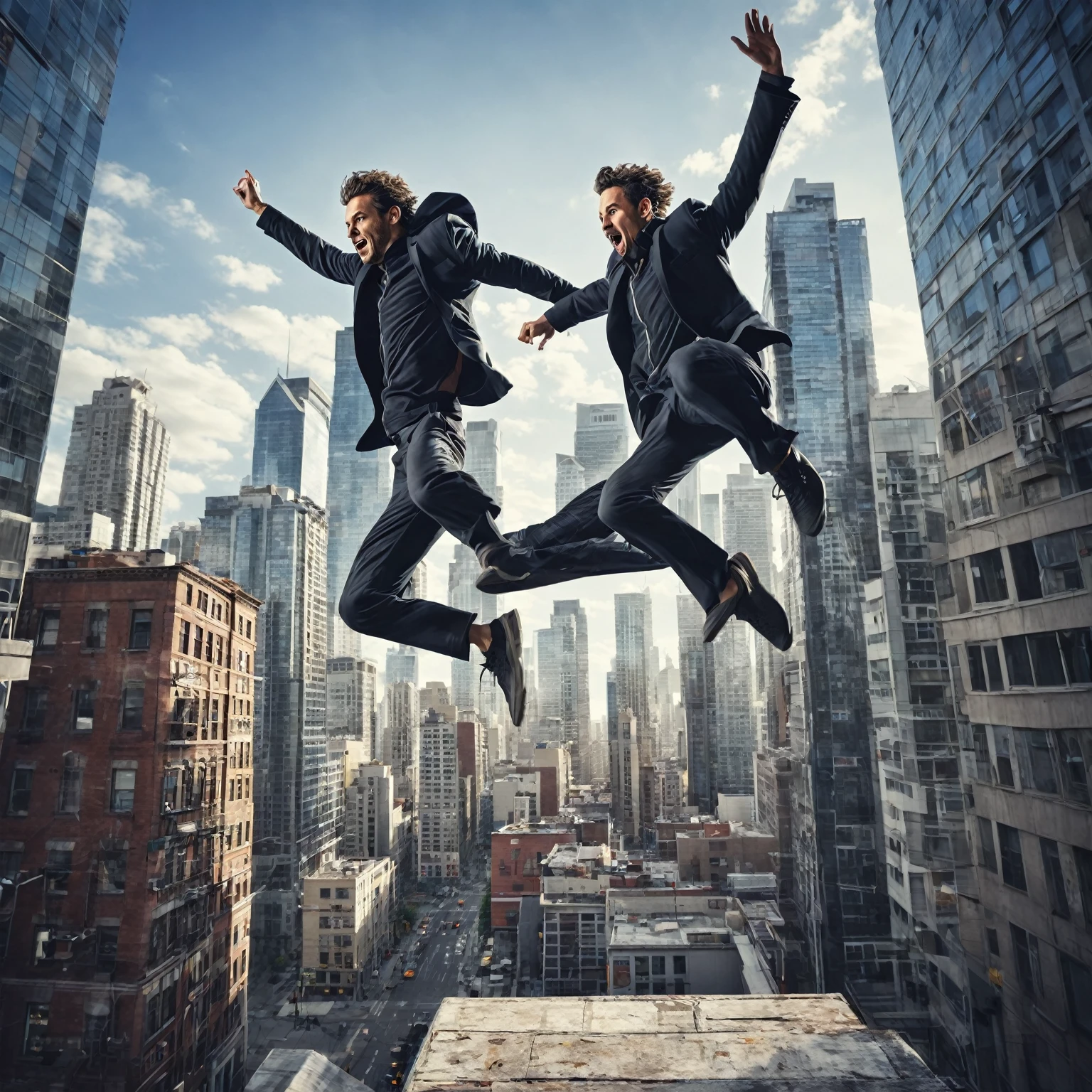 A dynamic image of a man leaping from one building to another, showcasing agility and determination. The scene captures the intensity and focus of his jump, with an urban cityscape in the background. High-resolution, photorealistic, background: city skyline