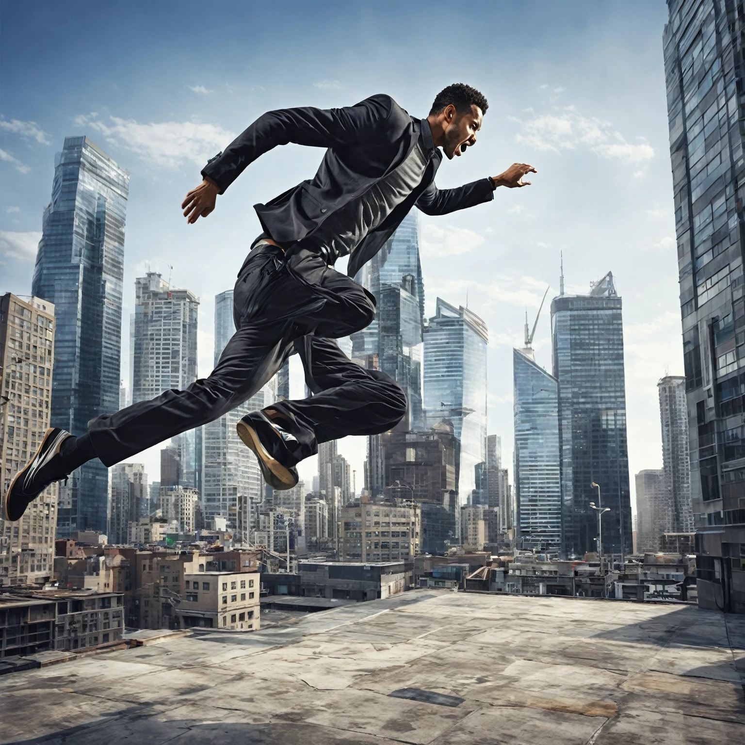 A dynamic image of a man leaping from one building to another, showcasing agility and determination. The scene captures the intensity and focus of his jump, with an urban cityscape in the background. High-resolution, photorealistic, background: city skyline
