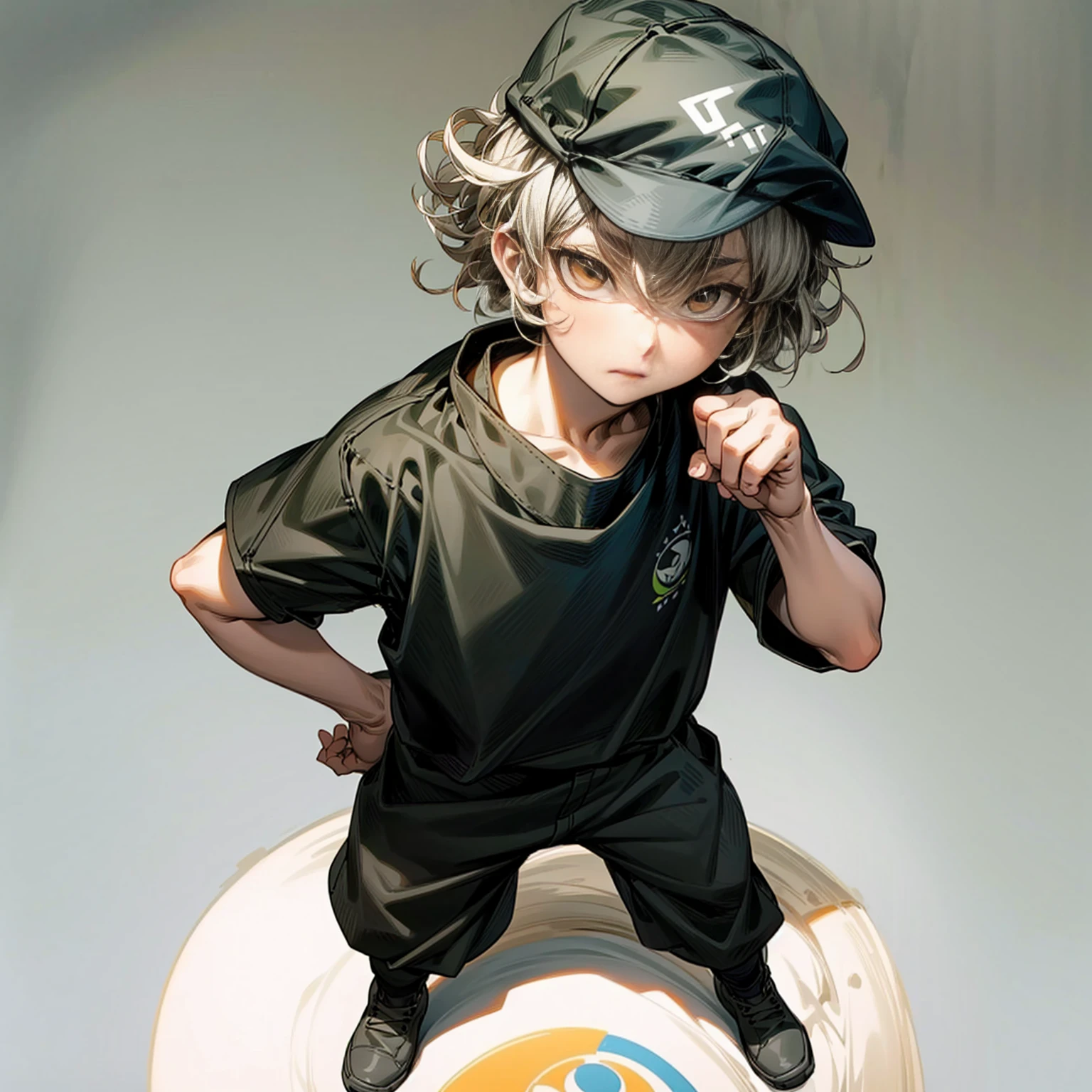 Solo character, full body version, kid boy, yellow eyes, gray color hair, short Curly haircut, round eyes, Baseball cap, black bandana, green top shirt, black cargo pants, white boots, white background, standing gesture, detailed face, detailed background, detailed clothing, detailed hair 