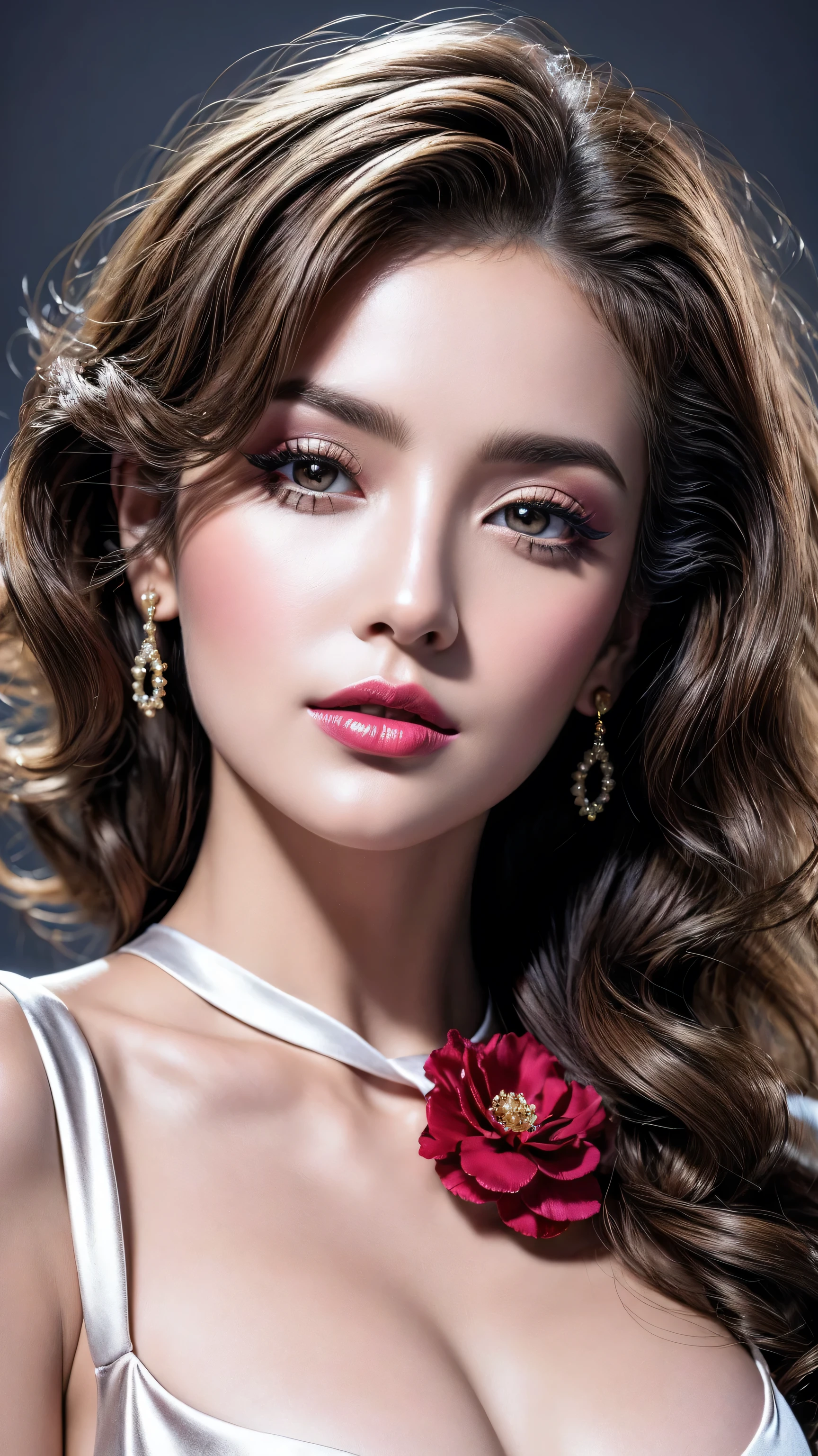 photorealism 16K realism, (Hyper-realistic proportional body, anatomically correct:1.3), ((ultra-fine digital art)), ((intricately detailed beautiful face)), (light pale complexion), BREAK, (small round head)),(high detailed realistic Super beautiful slim and sharp-face), (best highest detailed realistic brown_eyes:1.28), ((super realistic sharp-eyes:1.2)), (tired and sleepy and satisfied:0.0), (close up of a woman's eyes), perfect round eyes, finely detailed pupils,BREAK,detailed lips:1.3,pink_makeup:1.22, (long_blue_eyeliner:1.28), (red_lipstick:1.35),((perfect dark_eyeshadows:1.4)), (super detailed professional makeup on eyes:1.3), (Detailed nose:1.2), (Depth of field), (cinematic light), (Lens flare), (dslr), (best high quality soft lighting), (sharp focus captured by Fujifilm XT3, f 5.6, in a dramatic lighting), (dry skin), (best high quality real texture skin), (A woman with velvety skin:1.3), (best high quality real texture hair), (blonde hair(wavy combed up, behind the ear:1.22)), (firm big full breasts), slim muscled body), (she is the embodiment of beauty and allure), ((Dressed in a breath taking, silk Dolce & Gabbana Floral dress)), (elegant fashion intricately detailed:1.28), (floral couture), (clothes made of silk and flower:1.3), (3/5 long), (closeup to her face)