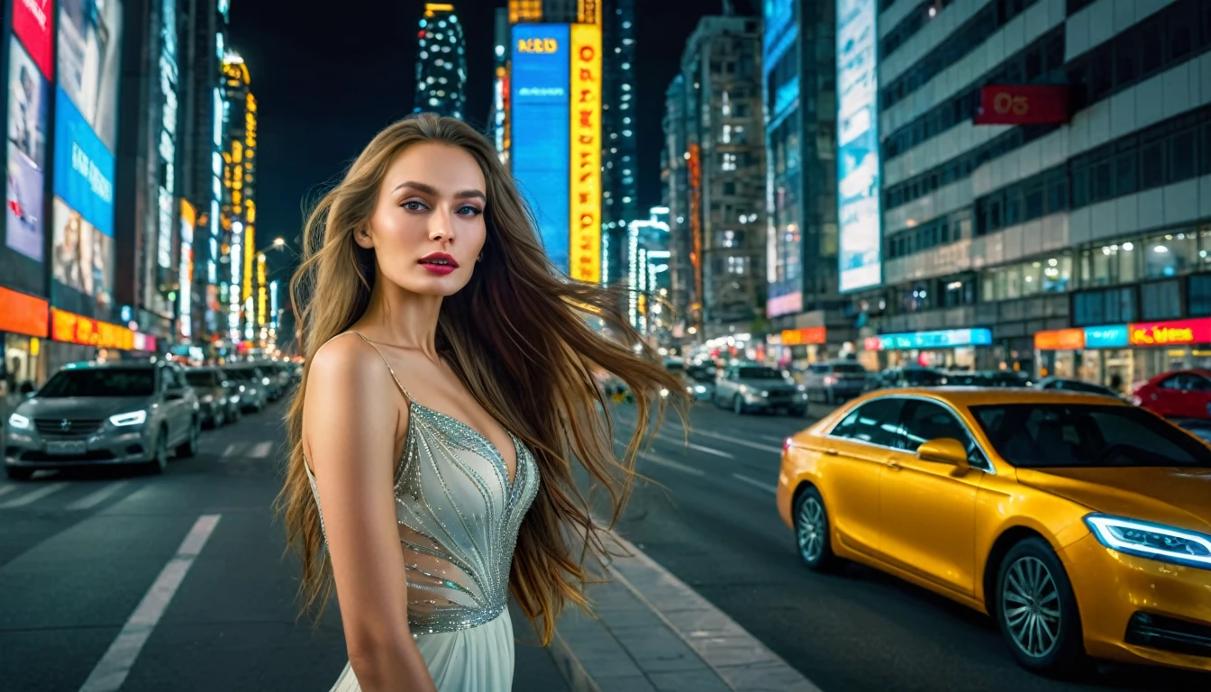 12k HDR of a metropolis with tall buildings, a Russian woman of unprecedented beauty, light makeup, stunning long hair, busy streets, shot at a right angle, around her, modern cars and well-lit streets. The image should convey the vibrancy and charm of a big city at night.