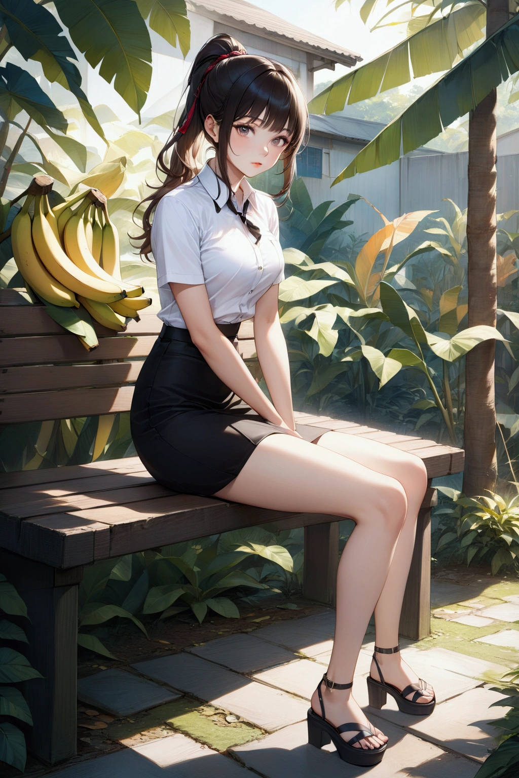 realistic anime illustration of pretty young woman, she is sitting on wood bench at garden, surrounding by banana tree, she has black wavy ponytail with bangs, wearing white short sleeves collared shirt, black pencil mini skirt white brown, and black sandals, (1girl, solo,full body), (masterpiece, best quality, japanese anime style)