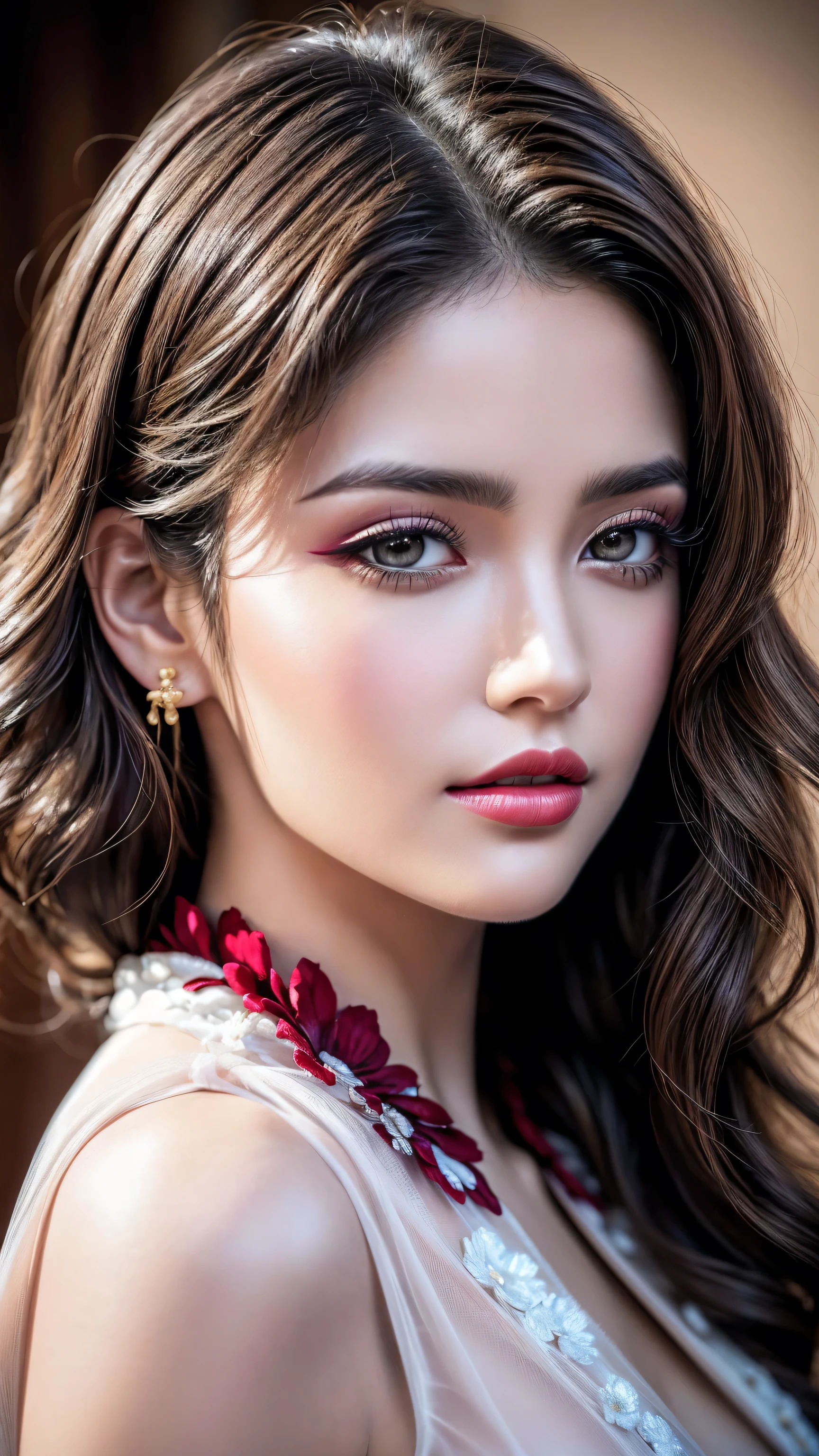 photorealism 16K realism, (Hyper-realistic proportional body, anatomically correct:1.3), ((ultra-fine digital art)), ((intricately detailed beautiful face)), (light pale complexion), BREAK, (small round head)),(high detailed realistic Super beautiful slim and sharp-face), (best highest detailed realistic brown_eyes:1.28), ((super realistic sharp-eyes:1.2)), (tired and sleepy and satisfied:0.0), (close up of a woman's eyes), perfect round eyes, finely detailed pupils,BREAK,detailed lips:1.3,pink_makeup:1.22, (long_blue_eyeliner:1.28), (red_lipstick:1.35),((perfect dark_eyeshadows:1.4)), (super detailed professional makeup on eyes:1.3), (Detailed nose:1.2), (Depth of field), (cinematic light), (Lens flare), (dslr), (best high quality soft lighting), (sharp focus captured by Fujifilm XT3, f 5.6, in a dramatic lighting), (dry skin), (best high quality real texture skin), (A woman with velvety skin:1.3), (best high quality real texture hair), (blonde hair(wavy combed up, behind the ear:1.22)), (firm big full breasts), slim muscled body), (she is the embodiment of beauty and allure), ((Dressed in a breath taking, silk Dolce & Gabbana Floral dress)), (elegant fashion intricately detailed:1.28), (floral couture), (clothes made of silk and flower:1.3), (3/5 long), (closeup to her face) 