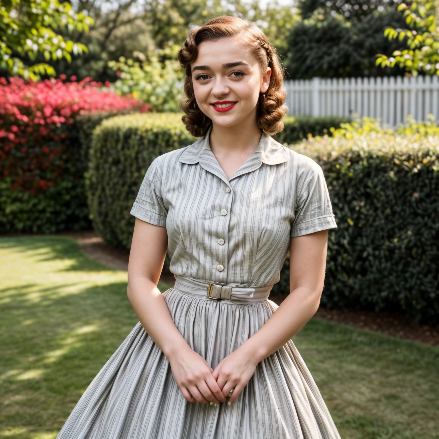 (best quality,10k,high res,masterpiece:1.2), ((ultra-detailed)), ((photo-realistic:1.37)), ((best quality)), ((masterpiece)), ((Photo-realistic)), (detailed), ((20-year-old Maisie Williams)), ((extra-long eyelashes)), ((bright red lipstick)), ((beautiful smile with super cute dimples)), ((perfect teeth)), ((dressed in a soft-grey 1950s style dress)), ((out in the bright and sunny country garden)), ((full 1950s hair style and makeup)), ((full body)), ((dynamic lighting and colour)),