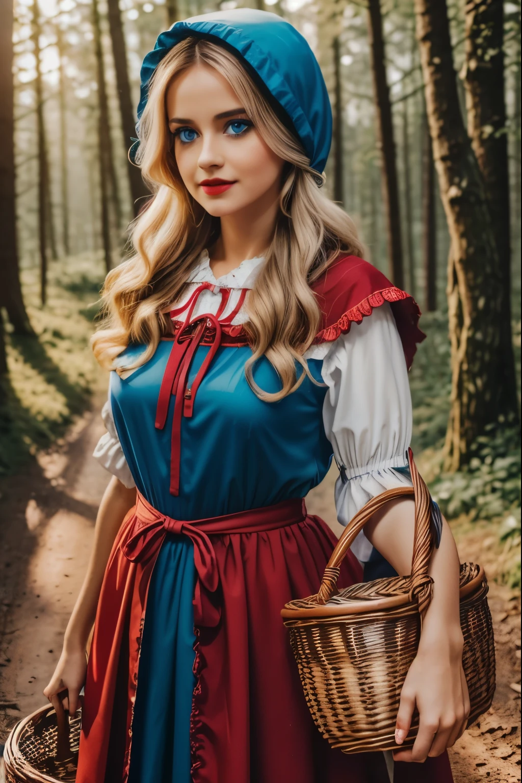 beautiful detailed girl with bright blue eyes, vibrant red lips,long curled eyelashes,carrying a basket:(best quality,4k,8k,highres,masterpiece:1.2),soft pastel,forest, in the woods as a sexy little red riding hood