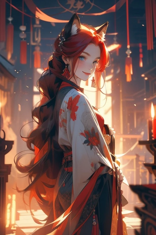 Perfect face. Perfect hands. A red haired woman with one blue eye and one red eye with an hourglass figure and red fox ears and seven fluffy fox tails is holding a fan while smiling in a shrine
