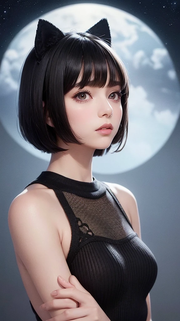 Delicate and dainty young woman with shiny bob-cut black hair and cat ears. She is wearing fit body knitted sweater . The background is a fantastic and ethereal night sky that seems to be haunted by a specter. Her expression is stern and atmospheric. , stocking, angle from below