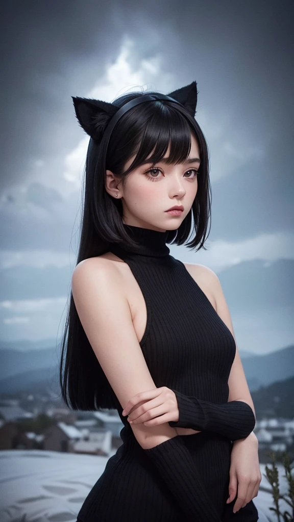 Delicate and dainty young woman with shiny bob-cut black hair and cat ears. She is wearing fit body knitted sweater . The background is a fantastic and ethereal night sky that seems to be haunted by a specter. Her expression is stern and atmospheric. 10 years old, stocking, angle from below