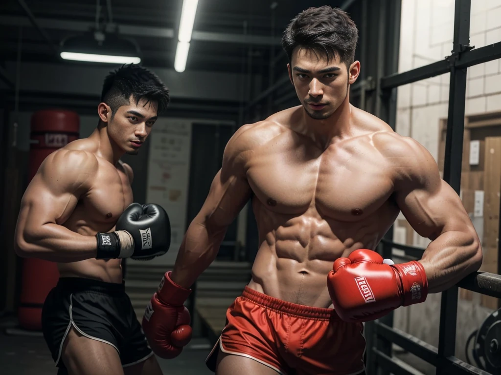 Masterpiece, 一个handsome男人, show breasts, (Inspired by the street fighting universe.) (best quality,realistic),(dark,feel) hole punch camera!(Tyndall light effect!)(lightในโรงภาพยนตร์),3d! one person,black eye details, The head is smaller.!manชาวฝรั่งเศสและเยอรมันร่างสูงโพสท่าบนเวทีมวย!Perfect red boxing gloves!Drill camera!, Wear boxing shorts。dark skin., ((a lot!)), ((The eyes were full of fierce expressions.!))handsome man, handsome chad chin, handsome and attractive, handsome and elegant, handsome man, ผู้manที่เซ็กซี่, masculine and handsome, , handsome, Attractive posture, 有吸引力的man, ผู้manที่น่าดึงดูด,manอายุ 20 ปี!Look up slightly.,Cominan wore boxer shorts and red boxing gloves.(Close-up photo!))炫耀他The chest is furry.。(展现The chest is furry.),),(short beard),Wear boxer shorts!展现The chest is furry.),),(使用short beard,)Headspace!Looks charming and serious,(handsome男人,perfect body anatomy,Details of the face of a beautiful person,perfect feet,perfect hand!Front photo!! best quality, high resolution, man focus, focus only, stalwart, bouncing, The chest is furry., man, 一个handsome男人, mechanical, mechanical's outfit, light, amazing composition, front view, human development report, Volumetric light, Top quality, elegant, a lot詳細