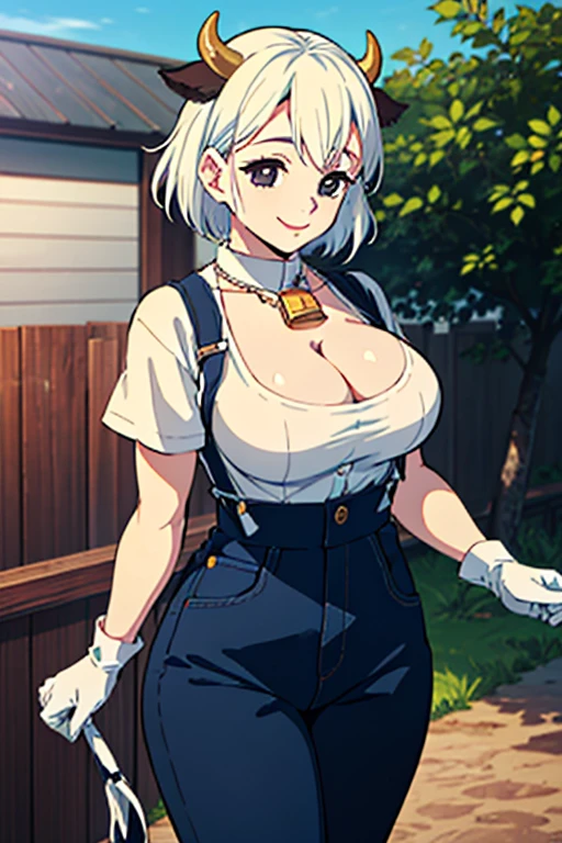 ((Best Quality)), ((masterpiece)), (detailed), 1 girl, short white hair, black locks, black eyes, cow ears, cow horns, big breasts, big thighs, cow tail, smiling expression, long tight blue dungarees pants, White T-shirt, bell necklace, short black gloves, In a farm