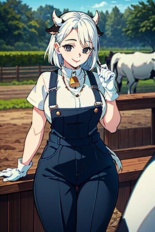 ((Best Quality)), ((masterpiece)), (detailed), 1 girl, short white hair, black locks, black eyes, cow ears, cow horns, big breasts, big thighs, cow tail, smiling expression, long tight blue dungarees pants, White T-shirt, bell necklace, short black gloves, In a farm