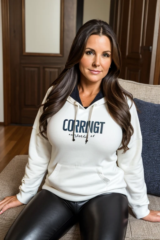 Medium view, of middle aged, 36 year old, mom, gilf, milf, face portrait, chubby, long brunette hair, marine hoodie, leather leggings, in cozy home