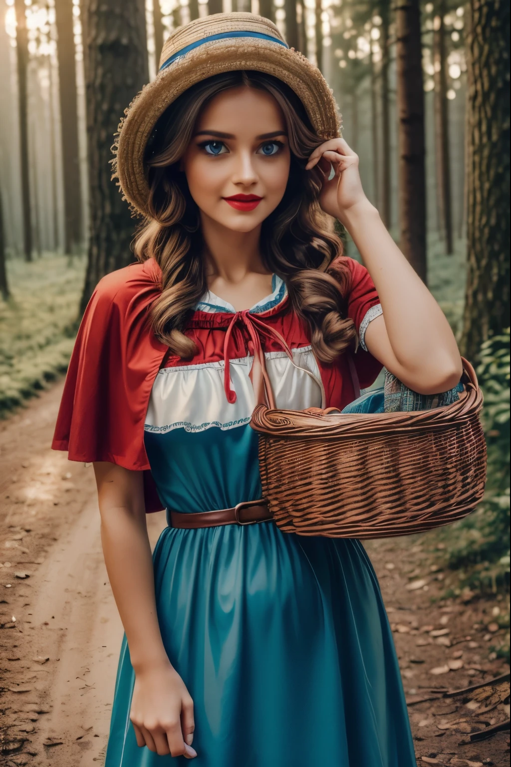 beautiful detailed girl with bright blue eyes, vibrant red lips,long curled eyelashes,carrying a basket:(best quality,4k,8k,highres,masterpiece:1.2),soft pastel,forest, in the woods as a sexy little red riding hood
