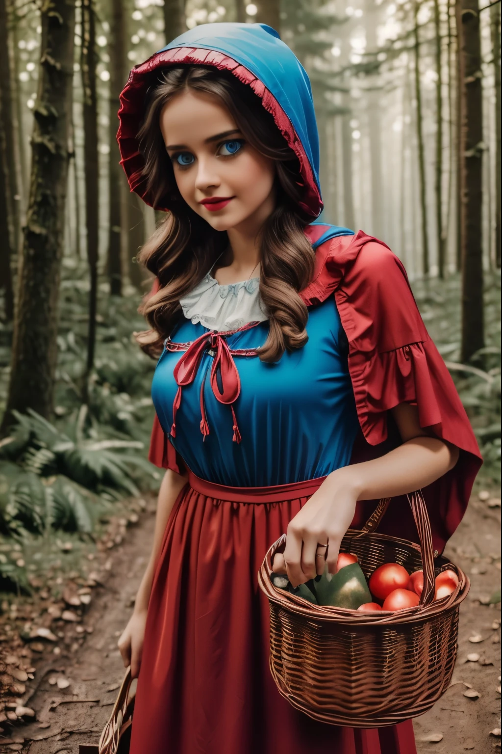beautiful detailed girl with bright blue eyes, vibrant red lips,long curled eyelashes,carrying a basket:(best quality,4k,8k,highres,masterpiece:1.2),soft pastel,forest, in the woods as a sexy little red riding hood
