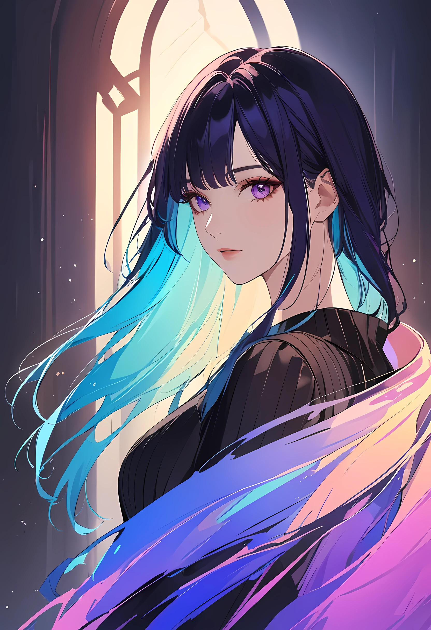 illustration, portrait, 1girl, {by petros afshar|by agnes cecile|by charlie bowater|by steven daluz}, watercolor ink, color reflection, iridescent colors, amazing background, chiaroscuro, timeless beauty, art revolution, diffused lighting, deep shadows 