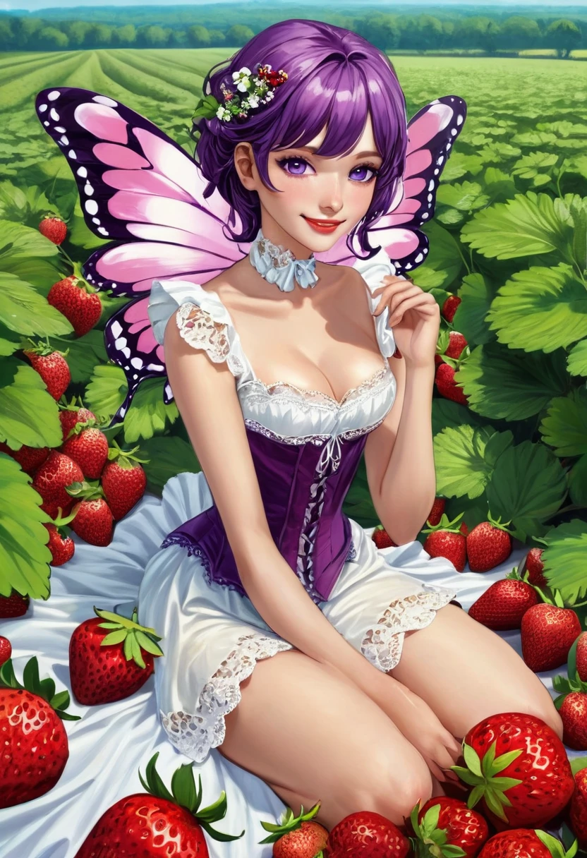 a portrait of a female fairy resting in a (field of strawberries: 1.3) extremely beautiful fairy, ((full body: 1.5)), ((anatomically correct: 1.5)), (ultra detailed face: 1.2),ultra feminine, busty, best detailed face, dynamic hair color, dynamic hair style dynamic skin complexion, shy smile, innocent smile, blue eyes, dark red lips, wearing ((white: 1.5)) lace dress, elegant dress, fairy dress, corset, dynamic elegant shirt, chocker, wearing high heels, spread large butterfly wings, (white and purple eyes: 1.3)in a (field of strawberries : 1.3), field of strawberries background, vibrant, Ultra-high resolution, High Contrast, (masterpiece:1.5), highest quality, Best aesthetics), best details, best quality, highres, 16k, (ultra detailed: 1.5), masterpiece, best quality, (extremely detailed) RAW, (ultra details, Masterpiece, best quality), Hyperrealism style,DonMF41ryW1ng5XL, ZipFile Comi Style