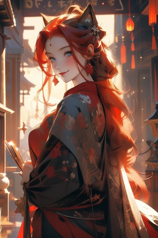 Perfect face. Perfect hands. A red haired woman with one blue eye and one red eye with an hourglass figure and red fox ears and seven fluffy fox tails is holding a fan while smiling in a shrine