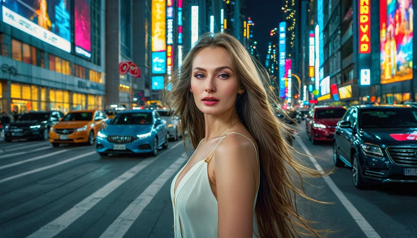 12k HDR of a metropolis with tall buildings, a Russian woman of unprecedented beauty, light makeup, stunning long hair, busy streets, shot at a right angle, around her, modern cars and well-lit streets. The image should convey the vibrancy and charm of a big city at night.