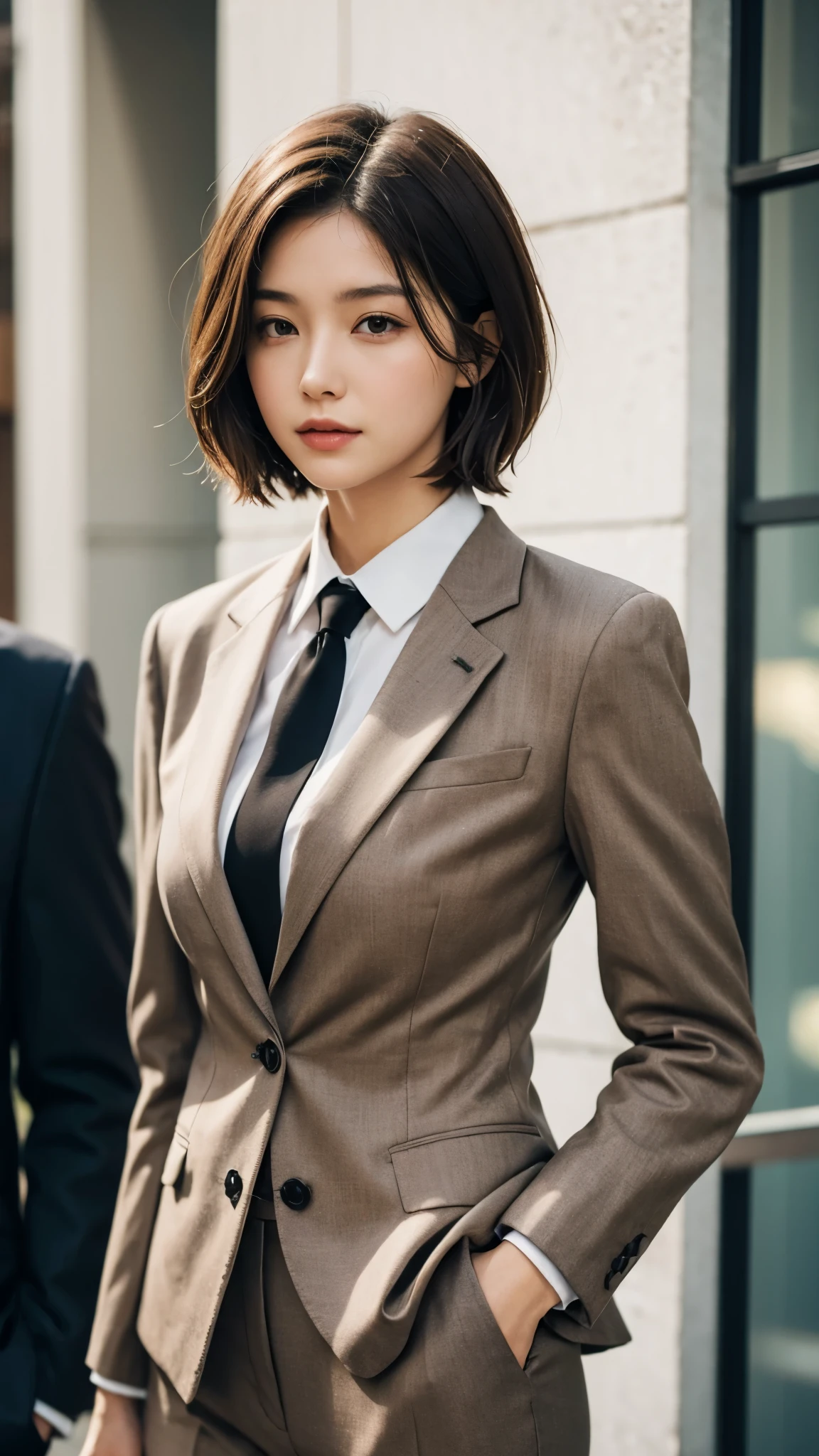 Woman with short brown hair in a suit