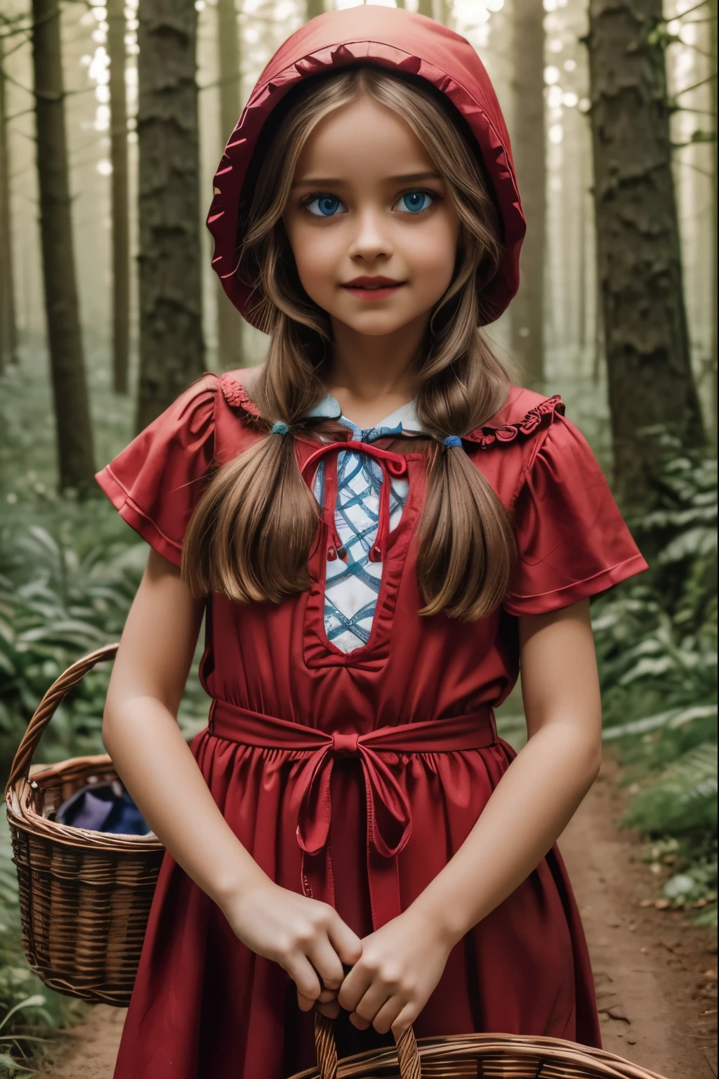 beautiful detailed ****** girl with bright blue eyes, vibrant red lips, long curled eyelashes,carrying a basket:(best quality,4k,8k,highres,masterpiece:1.2),soft pastel,forest, in the woods little red riding hood
