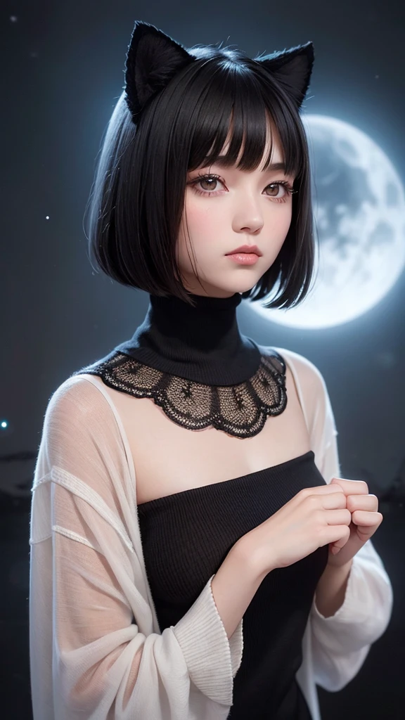 Delicate and dainty young woman with shiny bob-cut black hair and cat ears. She is wearing fit body knitted sweater mini-skirt. The background is a fantastic and ethereal night sky that seems to be haunted by a specter. Her expression is stern and atmospheric. 10 years old, stocking, angle from below