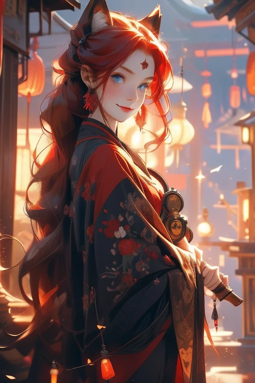 Perfect face. Perfect hands. A red haired woman with one blue eye and one red eye with an hourglass figure and red fox ears and seven fluffy fox tails is holding a lantern while smiling in a shrine