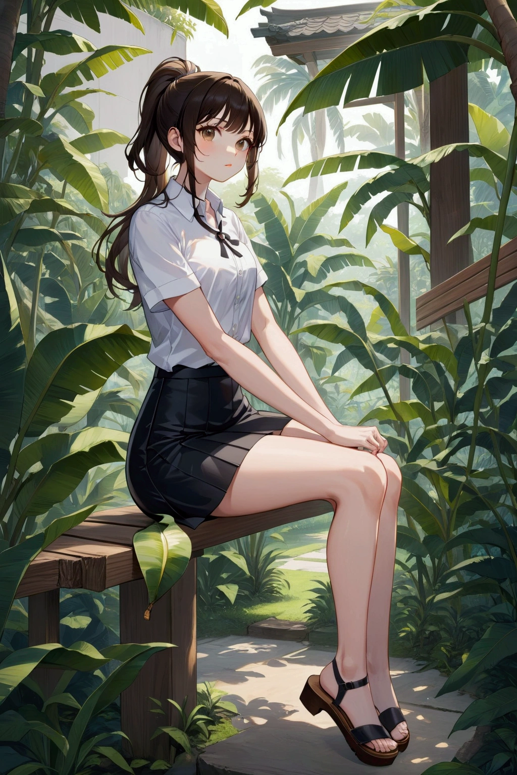 realistic anime illustration of pretty young woman, she is sitting on wood bench at garden, surrounding by banana tree, she has black wavy ponytail with bangs, wearing white short sleeves collared shirt, black pencil mini skirt white brown, and black sandals, (1girl, solo,full body), (masterpiece, best quality, japanese anime style)
