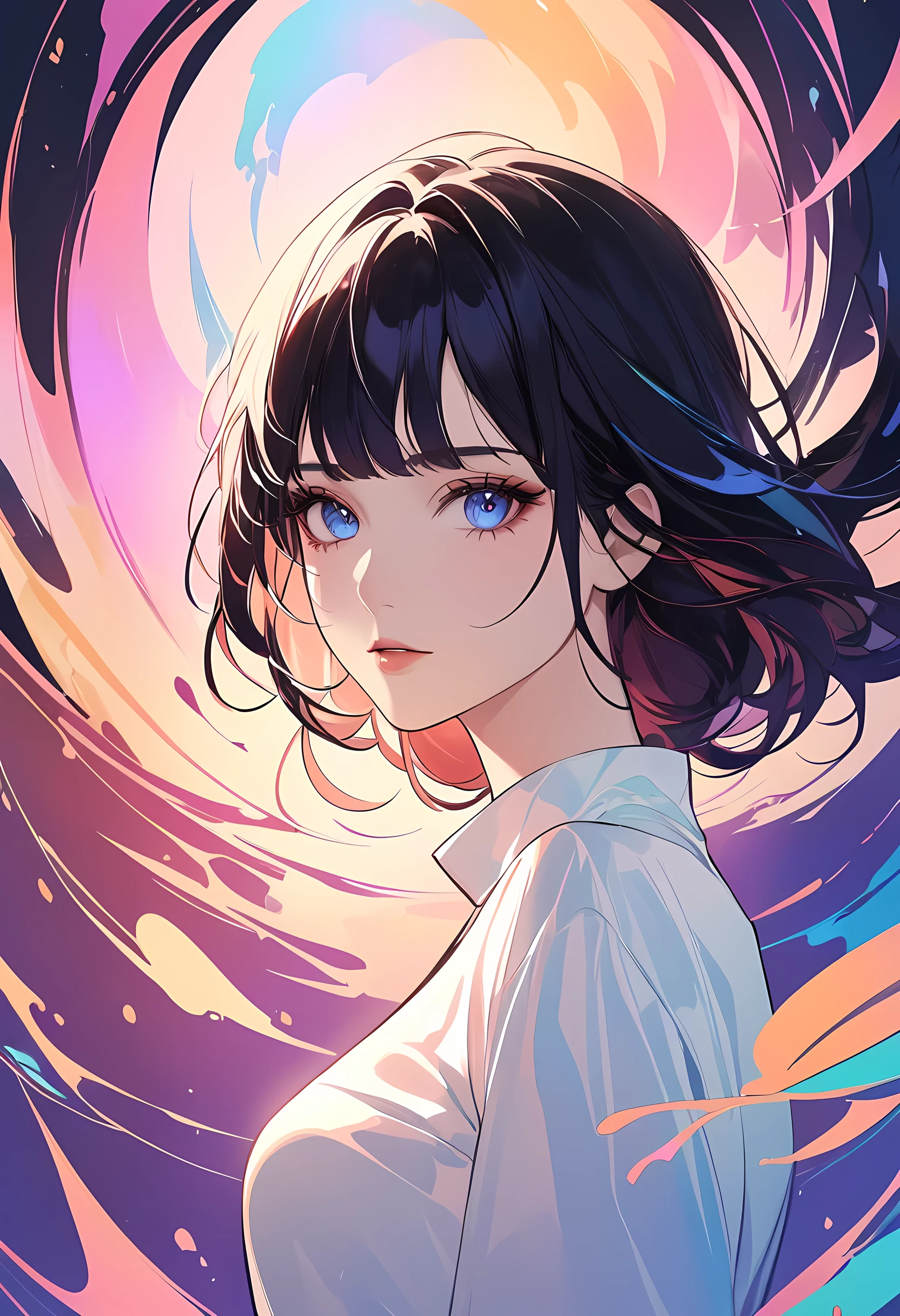illustration, portrait, 1girl, {by petros afshar|by agnes cecile|by charlie bowater|by steven daluz}, watercolor ink, color reflection, iridescent colors, amazing background, chiaroscuro, timeless beauty, art revolution, diffused lighting, deep shadows 