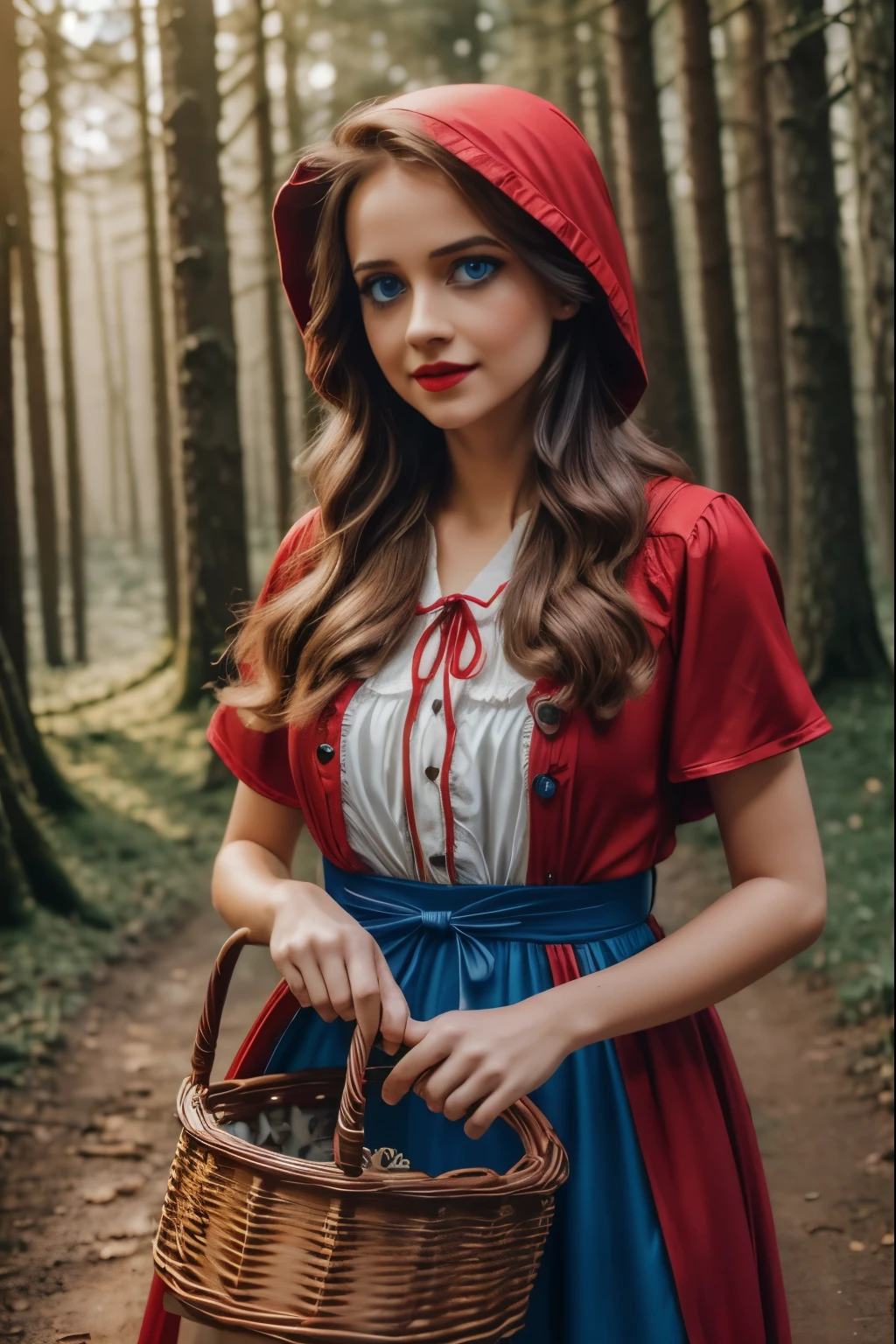 beautiful detailed girl with bright blue eyes, vibrant red lips,long curled eyelashes,carrying a basket:(best quality,4k,8k,highres,masterpiece:1.2),soft pastel,forest, in the woods as a sexy little red riding hood